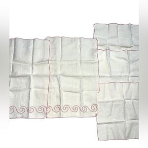 Vintage Linen Kitchen Set 2 Tea Towels 3 Napkins Ecru Pink Wave Embroidery MCM